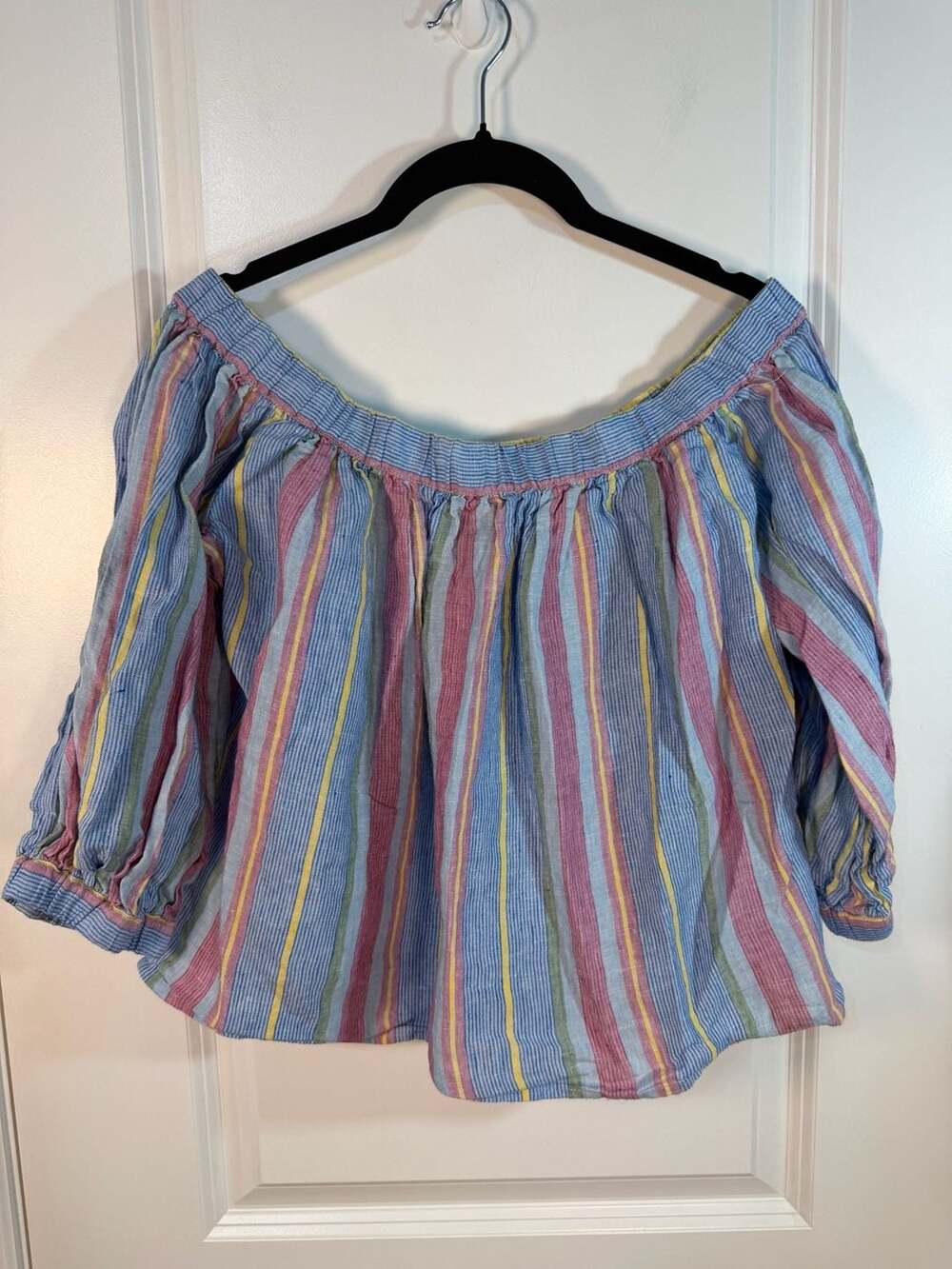 FRAME Off-The-Shoulder Multi-Color Striped Linen Blouse Size S